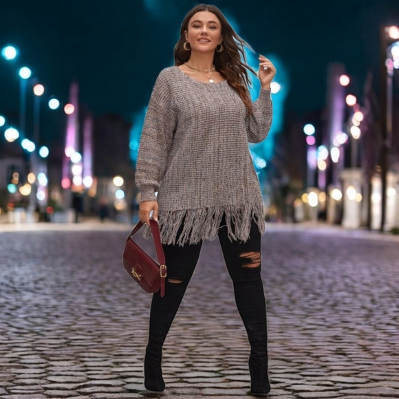 Shein Plus Fringe Trim Drop Shoulder Sweater - Picture 4 of 6